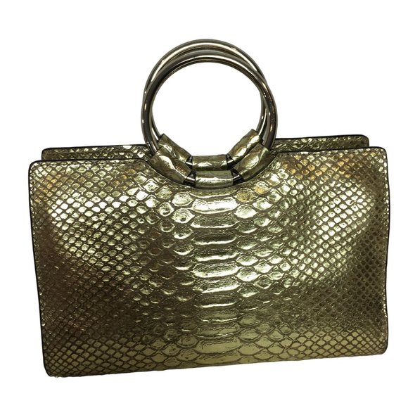 Henri Bendel Small Snakeskin Handbag Metallic Gold Faux Leather Evening Party - Picture 1 of 10